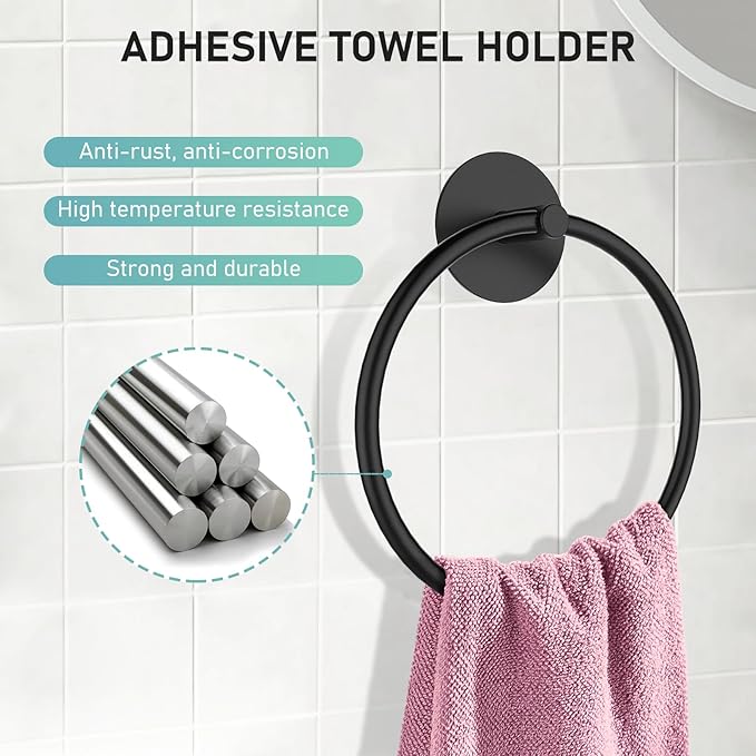 SetSail Adhesive Towel Holder for Bathroom Wall Matte Black Hand Towel Ring - Image 5