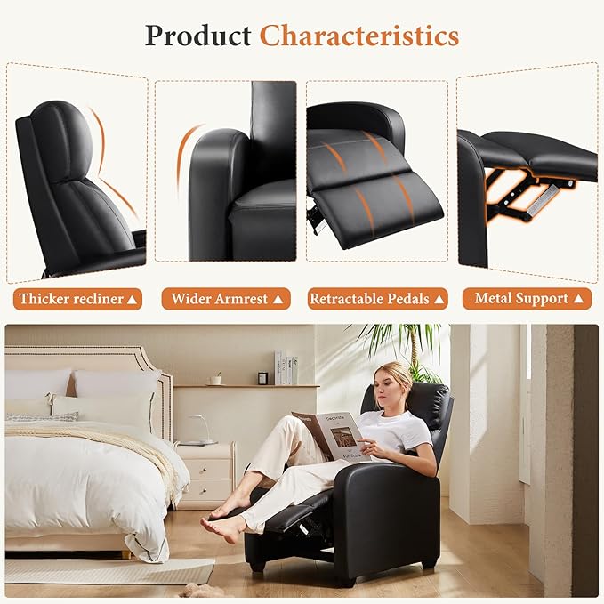 Sweetcrispy Recliner Chair PU Leather Recliner Sofa No Massage, Home Theater Seating with Lumbar Support, Adjustable Push Back Overstuffed High-Density Sponge Reclining for Living Room, Black - Image 6
