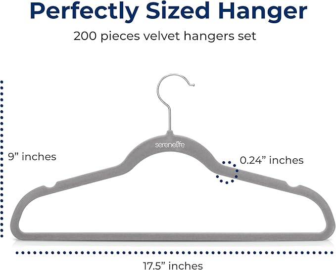SereneLife 200-Pack Velvet Hangers – Space-Saving Non-Slip Gray Clothes Hangers - Image 2