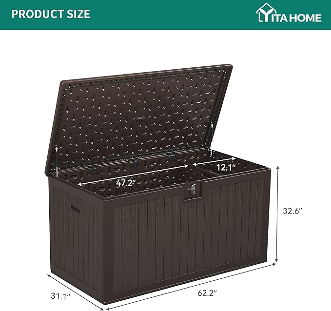YITAHOME XXL 230 Gallon Large Deck Box,Outdoor Storage for Patio Furniture Cushions,Garden Tools with Flexible Divider,Waterproof,Lockable (Brown) - Image 9