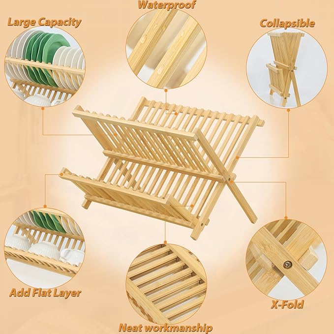 Bamboo Dish Drying Rack, Collapsible 2-Tier Dish Drainer Kitchen Plate Rack - Image 6