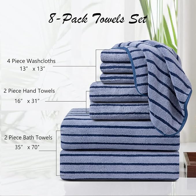 8 Pcs Navy Cabana Stripe Large Bath Towel Set Oversized Bath Sheet 2 Bathroom - Image 3