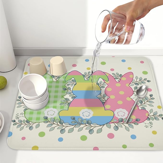 Easter Bunny Dish Drying Mat for Kitchen Counter Cute Rabbit Colorful Polka - Image 6
