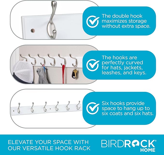 BIRDROCK HOME Oval Hook Coat and Hat Rack | 6 Hooks | Wall Mount | White Finish - Image 6