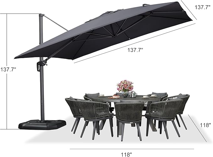 PURPLE LEAF 11.5' X 11.5' Telescopic Patio Umbrella with Base Included Lifting Cantilever Offset Square Large Umbrella for Pool Outdoor Patio Deck Garden Grey - Image 9