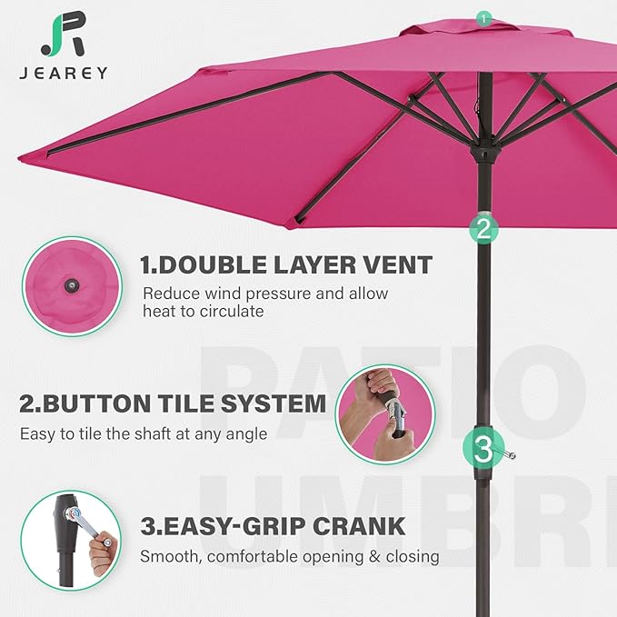 JEAREY 7.5FT Patio Umbrella Market Table Umbrella with 6 Sturdy Ribs, Push Button Tilt/Crank Outdoor Umbrella for Garden, Deck, Backyard, Pool and Beach,Rose Pink - Image 6