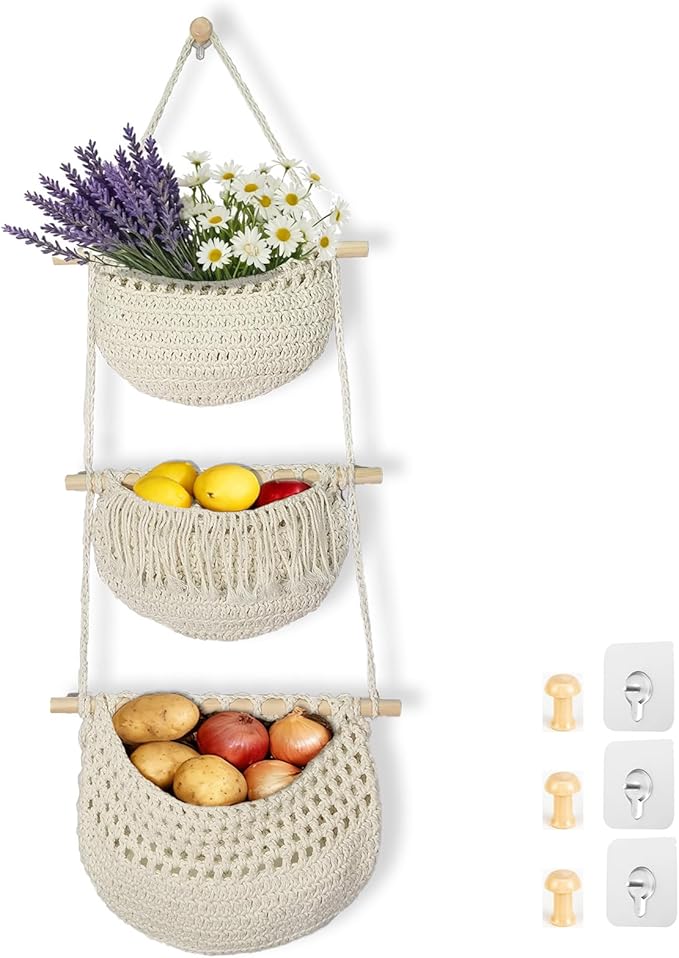 3 Tier Hanging Fruit Baskets for Kitchen, Boho Cotton Rope Handwoven Vegetable by Unknown