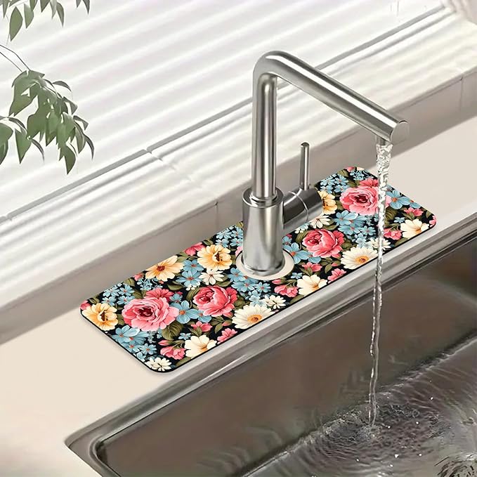 Colorful Flowers Sink Splash Guard Vintage Floral Faucet Absorbing Mat Fast by Unknown