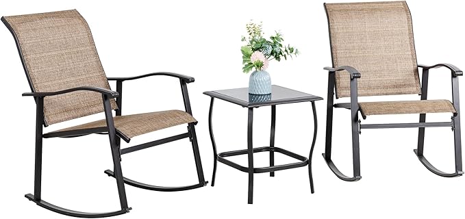 Vongrasig 3 Piece Outdoor Rocking Bistro Set, Textilene Fabric Small Patio Furniture Set, Front Porch Rocker Chairs Conversation Set with Glass Table for Lawn, Garden, Balcony, Poolside (Brown) by Vongrasig