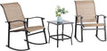 Vongrasig 3 Piece Outdoor Rocking Bistro Set, Textilene Fabric Small Patio Furniture Set, Front Porch Rocker Chairs Conversation Set with Glass Table for Lawn, Garden, Balcony, Poolside (Brown) by Vongrasig