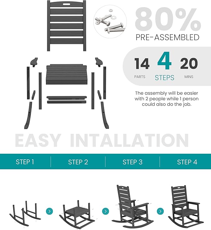 SERWALL Outdoor Rocking Chair Set of 2, Oversized Rocking Chair with Footboard for Adults, HDPE All Weather Resistant Rocking Chairs for Patio, 350lbs Weight Capacity, Gray - Image 7