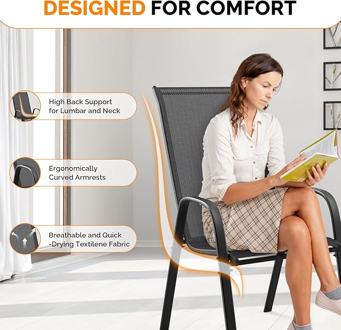 VINGLI Patio Chairs Set of 2 – Stackable Outdoor Dining Chairs with Comfortable Sling High Back Chairs and Armrests for Lawn, Poolside, Courtyard, Balcony, Garden, Black - Image 5