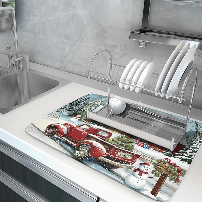Christmas Dish Drying Mat for Kitchen Counter 24x18 Inch Xmas Red Truck Drying - Image 2