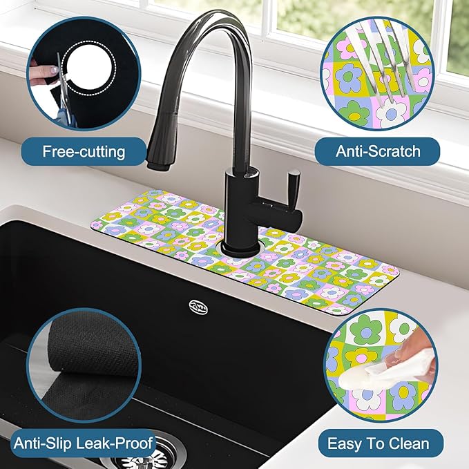 Cute Flowers Kitchen Sink Splash Guard Faucet Mat Retro Floral Super Absorbent - Image 4