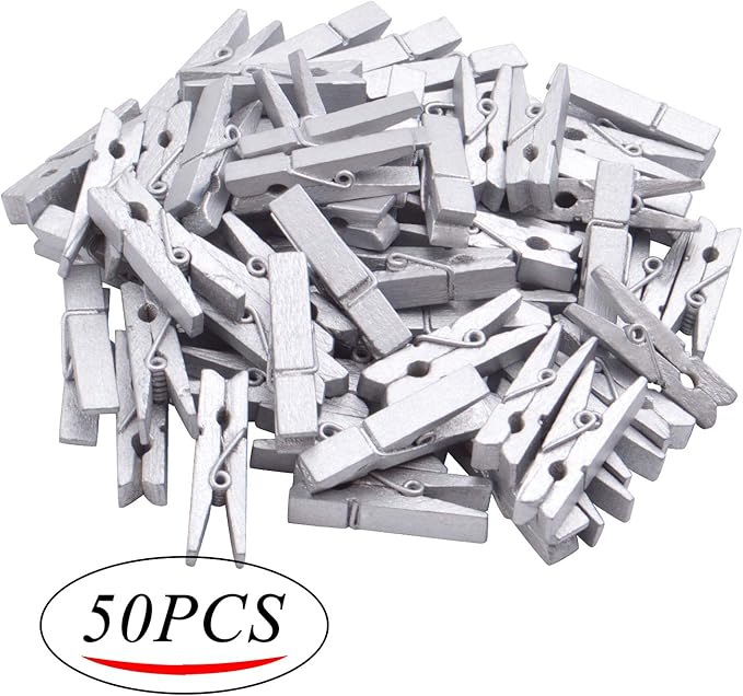 Jdesun 50 Pieces Photo Clips, Mini Silver Wooden Picture Paper Clip Clothespins - Image 2