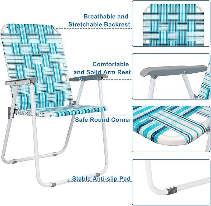 VINGLI Patio Lawn Webbed Folding Chairs Set of 2, Outdoor Beach Chair Portable Dining Chair for Outdoor Yard, Garden (White & Blue, Classic) - Image 5