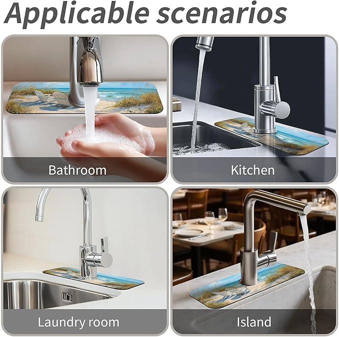 Kitchen Sink Splash Guard，Beach-scene Faucet Mat Sink Gadgets-Super Absorbent - Image 7