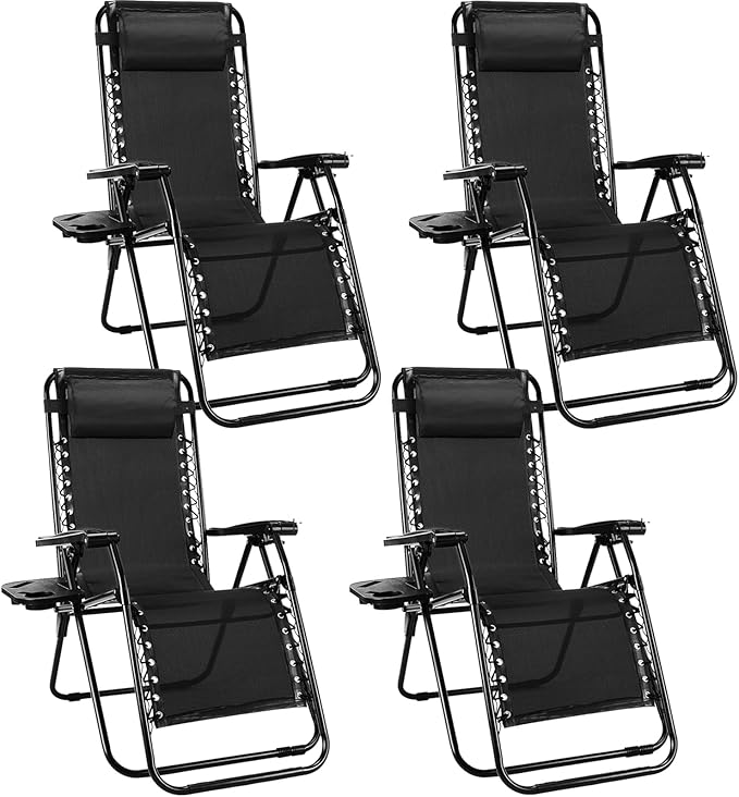 NEWBULIG Zero Gravity Chair Set of 4, Lounge Chair Folding Portable Adjustable Camping Reclining Chairs with Adjustable Pollow, Mesh Back, Cup Holder Trays Lawn Patio Chair for Pool Beach - Black by NEWBULIG