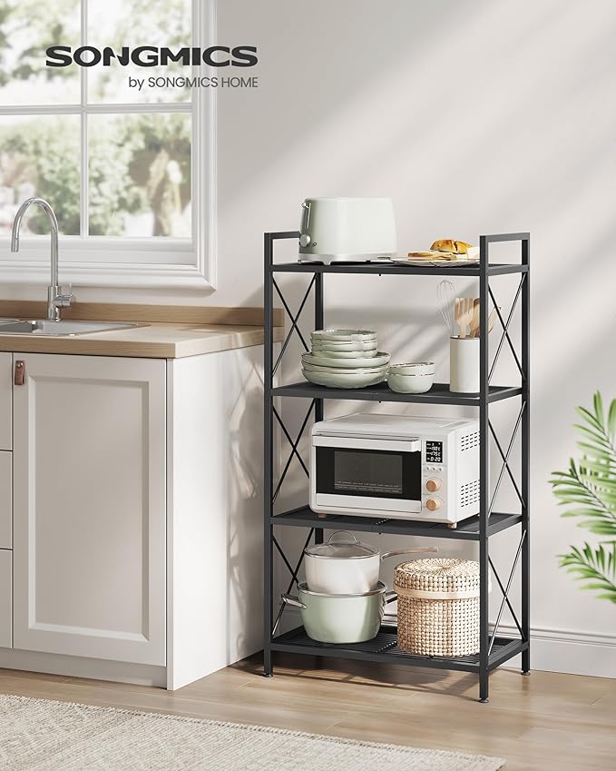 SONGMICS 4-Tier Metal Storage Rack, Shelving Unit with X Side Frames, Dense Mesh, 12.6 x 23.6 x 44.3 Inches, for Entryway, Kitchen, Living Room, Bathroom, Industrial Style, Ink Black UBSC164B01 - Image 2