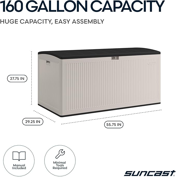 Suncast 160-Gal. Resin Extra-Large Outdoor Patio Deck Box with Pad-Lockable Lid, Modern Reeded Outdoor Patio Bench/Storage Box for Cushions, Garden Tools, and More, Iron Ore/French Gray - Image 3