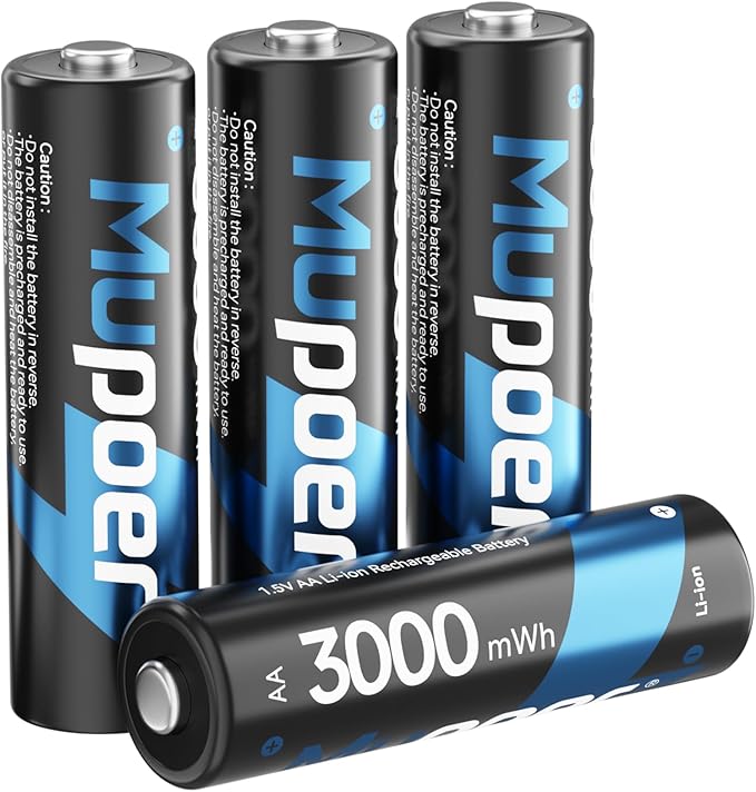 Rechargeable AA Batteries 4 Count, Lithium Battery A 1.5V 3000mWh, Double A by Mupoer