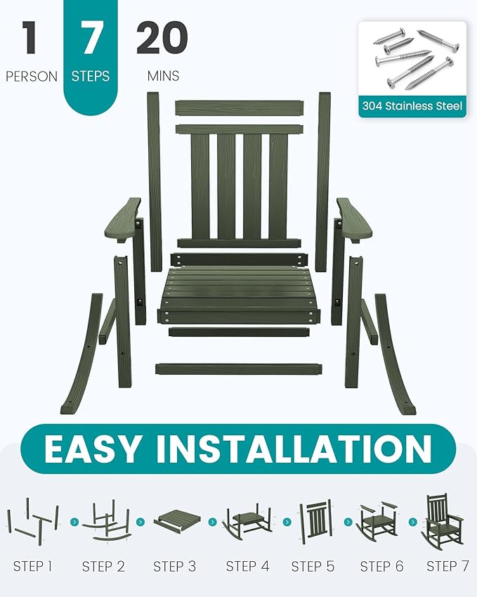 SERWALL Oversized Outdoor Rocking Chair Set of 4, HDPE Rocker for Adults, Patio Rocking Chairs for Porch, Avocado Green - Image 6