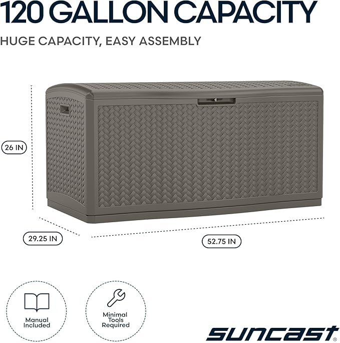Suncast Extra Large Deck Box - 124 Gallon Resin Outdoor Storage Box with Lockable Lid for Outdoor Cushion Storage, Toys, & Garden Gear, Stoney Grey Wicker Bin for Patio, Porch, Pool, & Yard - Image 4