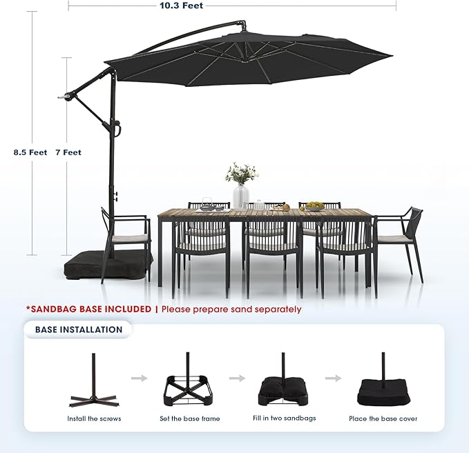 wikiwiki 10ft Patio Umbrella with Base Included, Outdoor Offset Cantilever Umbrella with Sandbag Base for Backyard, Garden and Pool, Easy to Tilt and Crank, Black - Image 6