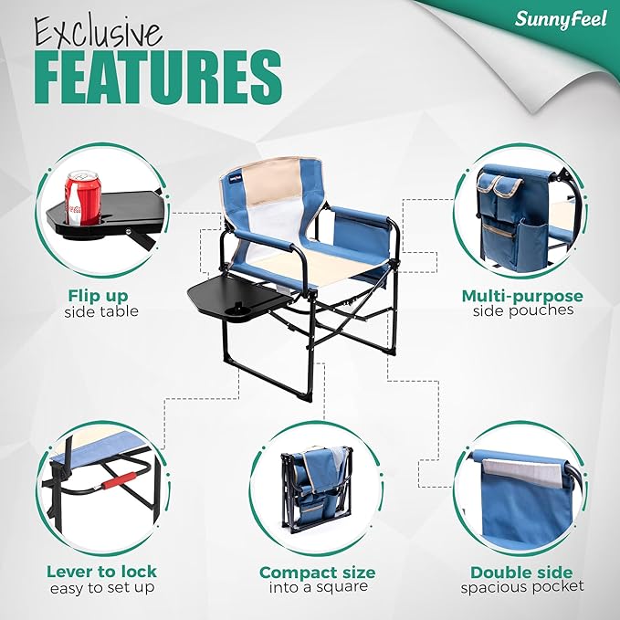 SUNNYFEEL Camping Directors Chair, Heavy Duty,Oversized Portable Folding Chair with Side Table, Pocket for Beach, Fishing,Trip,Picnic,Lawn,Concert Outdoor Foldable Camp Chairs - Image 6