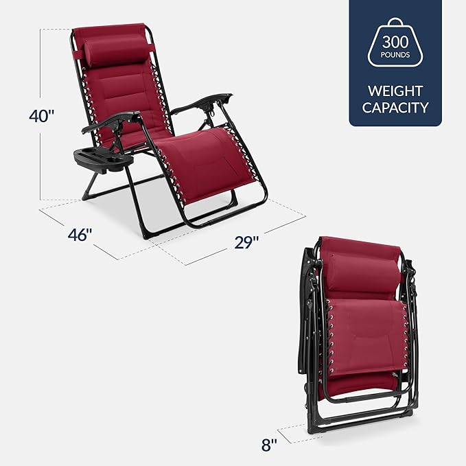 Best Choice Products Oversized Padded Zero Gravity Chair, Folding Outdoor Patio Recliner, XL Anti Gravity Lounger for Backyard w/Headrest, Cup Holder, Side Tray, Polyester Mesh - Burgundy - Image 2