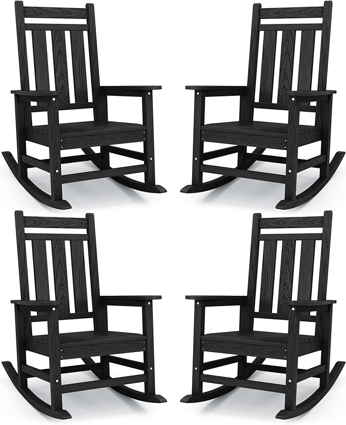 KINGYES Oversized Outdoor Rocking Chair Set of 4, All-Weather Patio Rocking Chairs for Porch, HDPE Outdoor Patio Rockers with High Back & Wide Seat for Garden, Lawn, Black by KINGYES