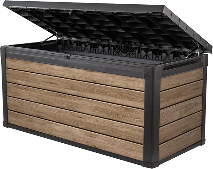 Keter Signature Collection 150 Gallon Resin Deck Box Organization and Storage Box for Patio Outdoor Cushions, Throw Pillows, Garden Tools and Pool Supplies, Ashwood by Keter