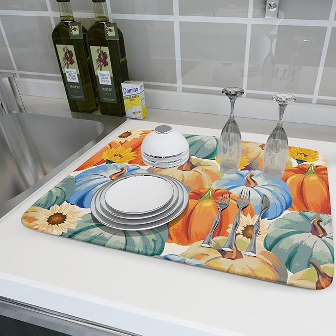 Giwawa Fall Dish Drying Mat 18"x24" Watercolor Autumn Teal Blue Orange Pumpkins - Image 6