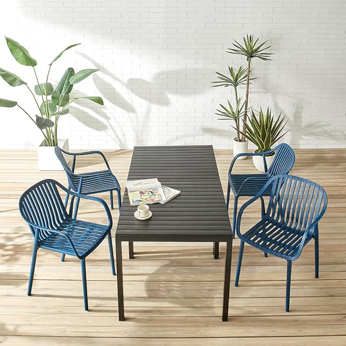Modern Stackable Outdoor & Indoor Plastic Dining Chairs Set, Armchairs Set, Weather-Resistant, Ideal for Patios, Cafes, and Home Use, Set of 4 (Blue) - Image 3