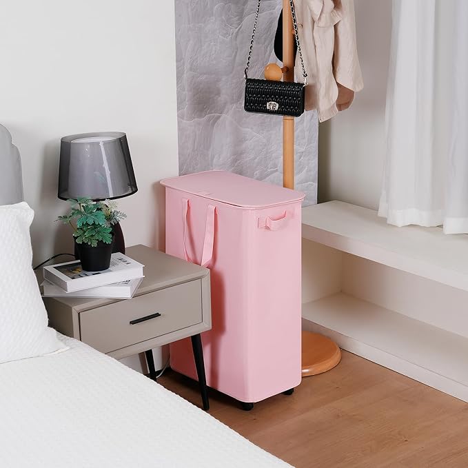 Slim Laundry Hamper with Lid and Wheels, Small Rolling Laundry Basket with - Image 2
