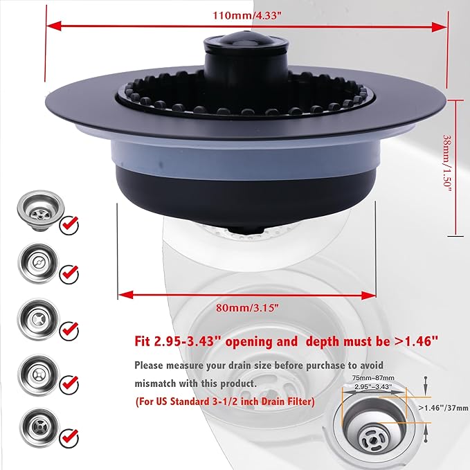 Kitchen Sink Drain Strainer 3 in 1, 304 Stainless Steel Pop Up Sink Stopper - Image 3
