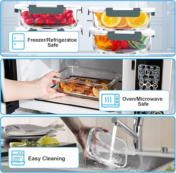 VERONES 5 Pack 36 OZ Glass Meal Prep Containers, Airtight Glass Lunch - Image 3