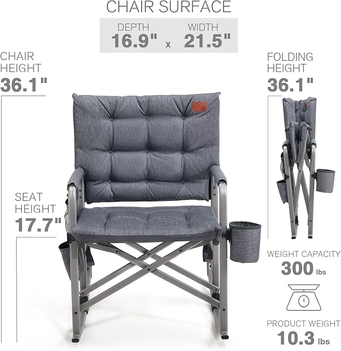 EVER ADVANCED Lightweight Folding Rocking Camping Chair, Padded Portable Rocker Chair for Patio, Lawn and Outdoors, Heavy Duty Hard Armchair for Adults, Grey - Image 6