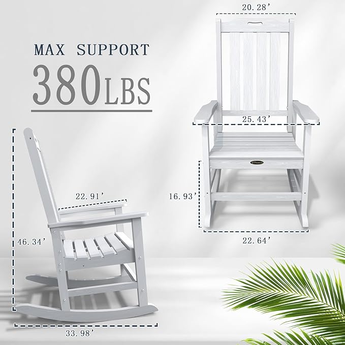 Oversized Rocking Chair Set of 2, Outdoor Rocking Chair for Adults, All Weather Resistant Porch Rocker for Lawn Garden, White - Image 3