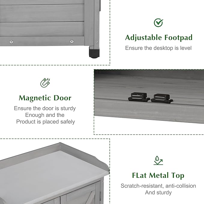 Outdoor Storage Cabinet & Potting Bench Table with Metal Top, Wooden Patio Furniture, Garden Workstation (Classic Grey, 39x31.5x17in) - Image 6