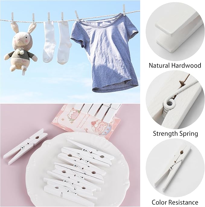 50Pcs White Wooden Clothespins, 2.9 inch Clothes Pins - Image 3