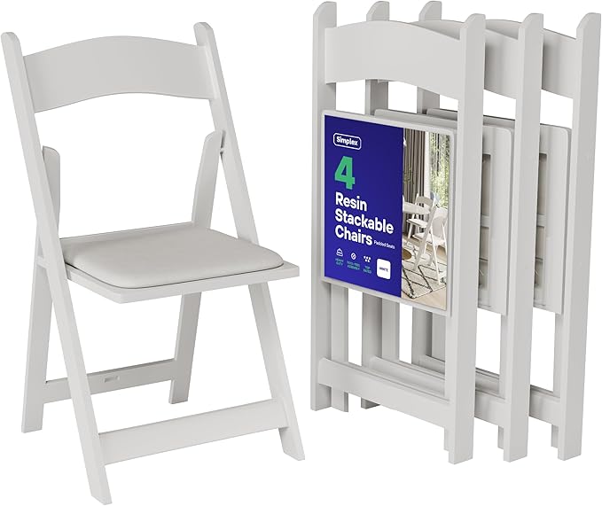 SIMPLEX 4 White Folding Chairs – Resin Stackable Foldable Chairs with Padded Seats – Comfortable White Folding Chairs for Indoor/Outdoor Events – Lightweight Resin Chairs (4 Pack) by Simplex