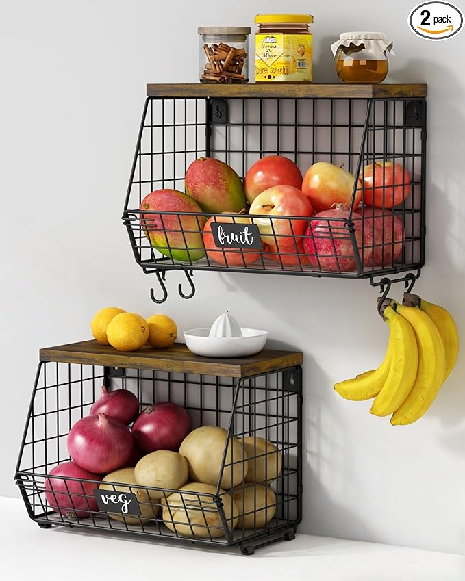Hanging Wall Fruit Basket for Kitchen Counter 2 Pack, Stackable Wire Baskets by Goozii