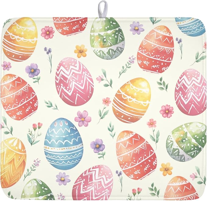Easter Dish Drying Mat for Kitchen Counter Colorful Easter Eggs Floral Pattern by Kawani
