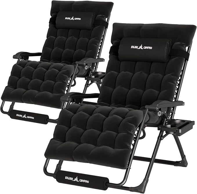 UDPATIO Oversized Zero Gravity Chair Set of 2, 33In XXL Patio Reclining Chair with Cushion, Outdoor Folding Recliner with Pillows|Cup Holder|Foot Rest|Padded Headrest, Black, Support 500LB by UDPATIO