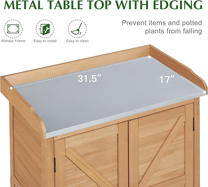 Outdoor Storage Cabinet & Potting Bench Table with Metal Top, Wooden Patio Furniture, Garden Workstation (Light Brwon, 39x31.5x17in) - Image 3