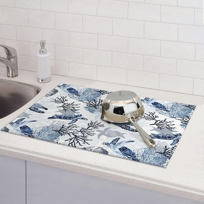 Navy Blue White Sea Turtle & Coral Dish Drying Mats - Image 3