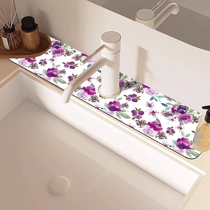 Watercolor Purple Flowers Faucet Absorbing Mat Splash Guard Draining Mat Fast - Image 2