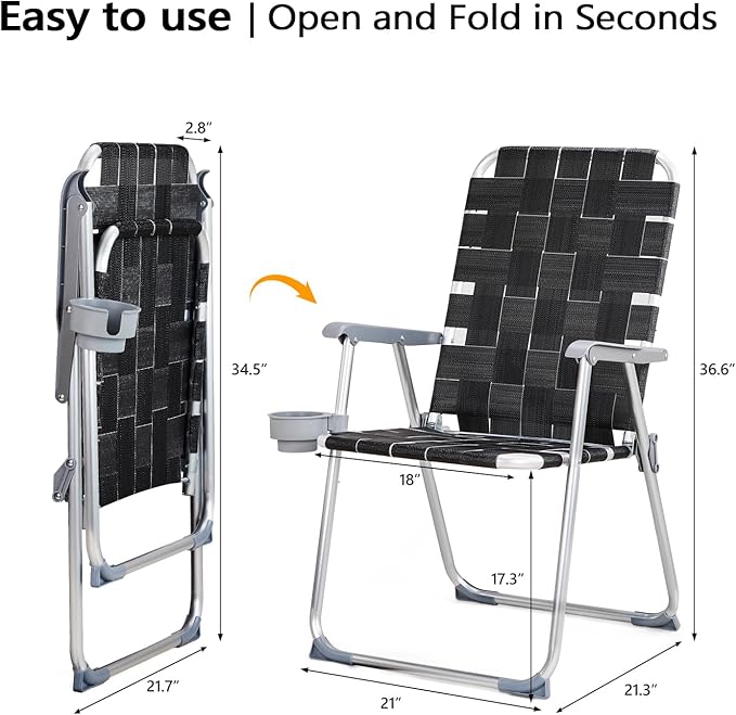 VINGLI Aluminum Patio Lawn Chairs Folding Set of 2 with Detachable Cup Holder, Webbed Beach Chair Folding Chair Outdoor Portable Camping Chair for Yard, Garden - Image 3