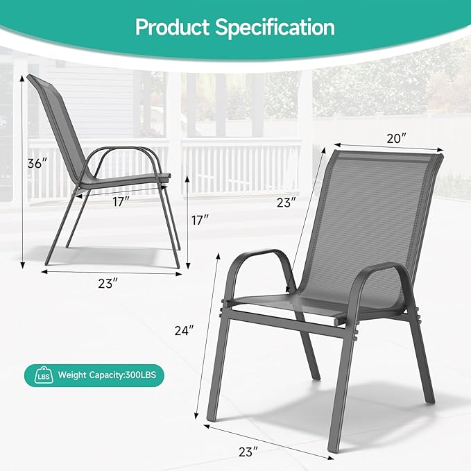 Patio Chairs Set of 2, All Weather Breathable Stackable Outdoor Dining Chairs with High Back and Wide Seat, Easily Set Up Outdoor Chairs Set of 2 with Metal Frame for Backyard Garden Pool, Grey - Image 3